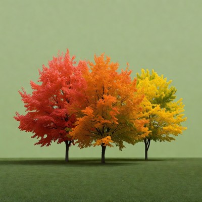 Three Colorful Autumn Trees on Green Grass