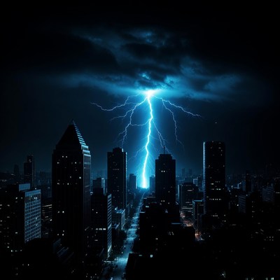Lightning Storm Over City Skyline