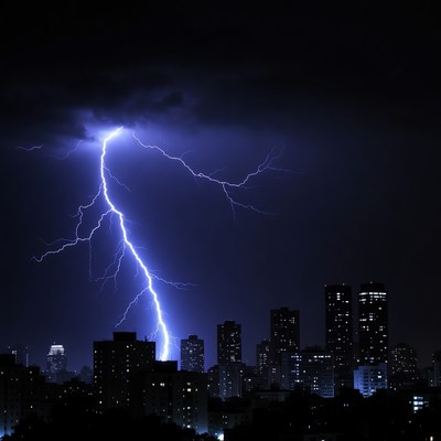 Lightning Striking Over City Skyline