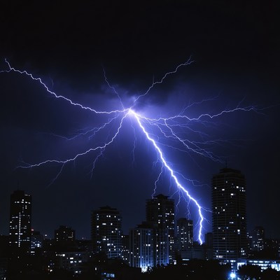 Lightning Storm Over City Skyline