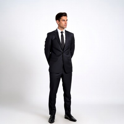 Man in black suit hands in pockets