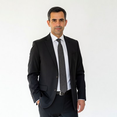 Man in black suit with hands in pockets