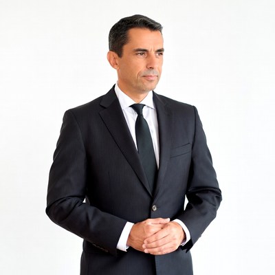 Man in black suit with hands clasped