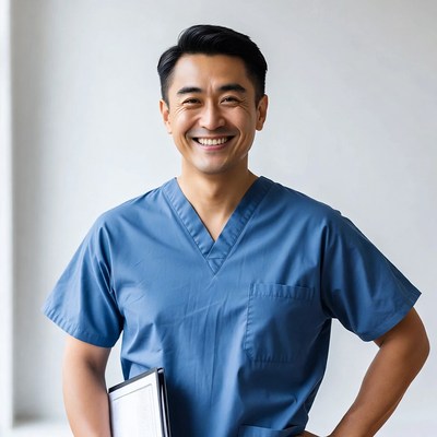 Asian male doctor smiling with clipboard