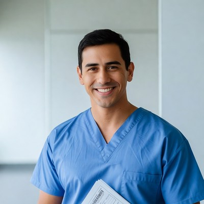 Smiling Latino male nurse holding clipboard