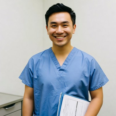 Asian male doctor holding clipboard