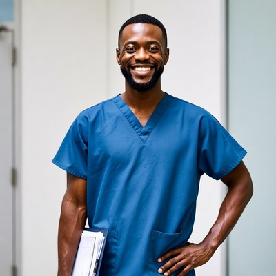 Smiling African-American male nurse with clipboard
