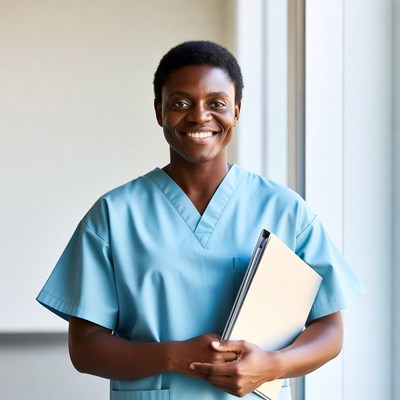 African-American nurse holding folder