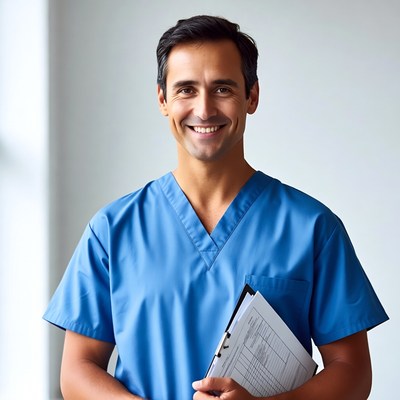 Smiling male doctor holding clipboard