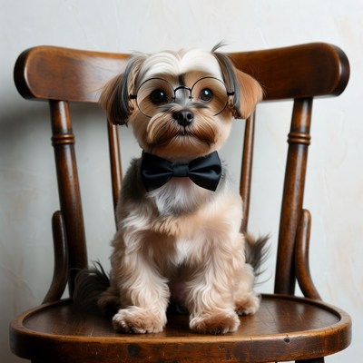 Yorkie dog in glasses and bowtie on chair