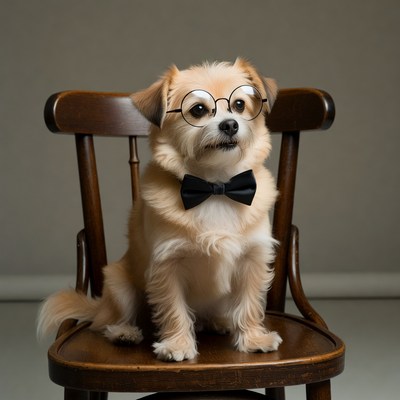 Dog in glasses and bowtie on chair