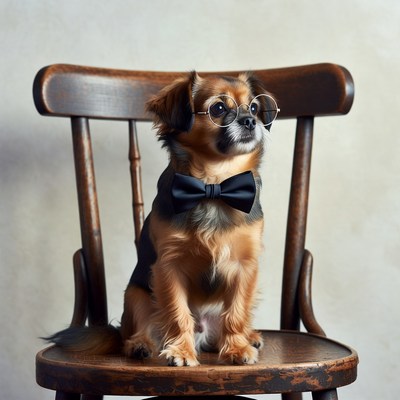 Pomeranian dog in bowtie and glasses on chair