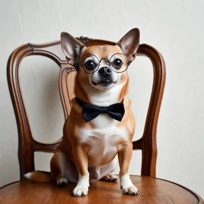 Chihuahua wearing glasses and bowtie