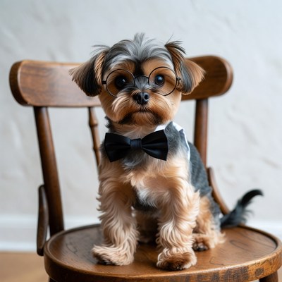 Yorkie puppy in bowtie and glasses