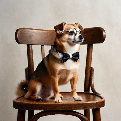 Dog in bowtie and glasses on chair
