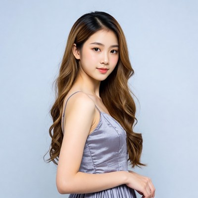 Asian woman in silver slip dress