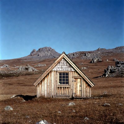 Wooden Cabin in Rocky Mountain Landscape