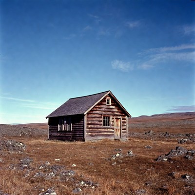 Log Cabin in Rocky Tundra Landscape