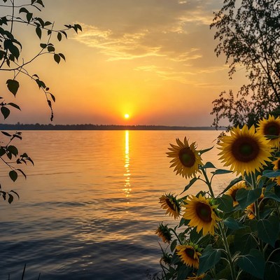 Sunflowers by lake at sunset