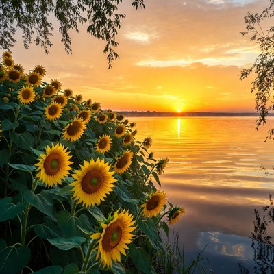 Sunflowers by lake at sunset