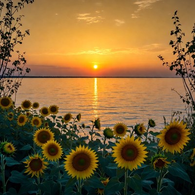 Sunflowers Framing Sunset Over Lake