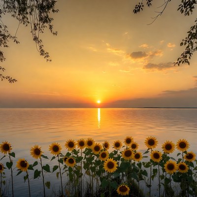 Sunflowers by lake at sunset