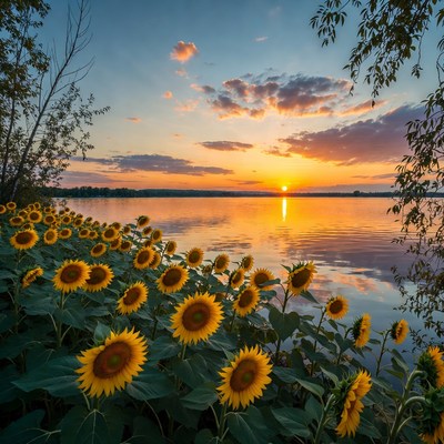 Sunflowers by lake at sunset