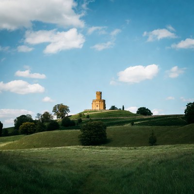 Tower atop grassy hill