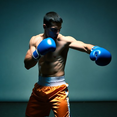 Muscular man boxing with blue gloves