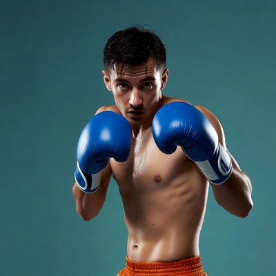 Asian boxer in blue gloves posing