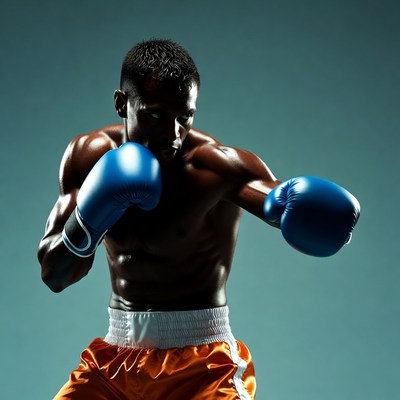 African-American boxer punching in blue gloves
