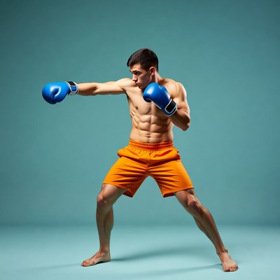 Muscular man boxing in blue gloves