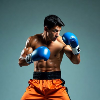 Muscular man boxing in blue gloves