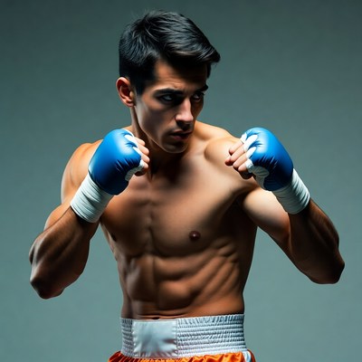 Muscular man boxing pose