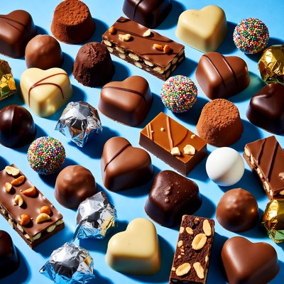 Assortment of chocolates on blue background