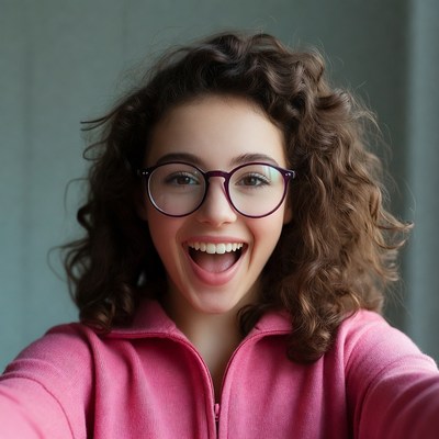 Smiling young woman with curly hair and glasses