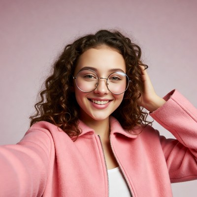 Smiling woman with curly hair and glasses