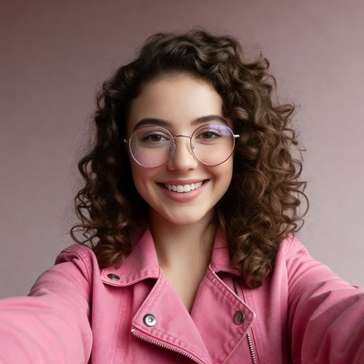 Smiling woman in pink jacket with curly hair