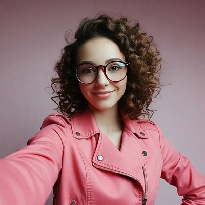 Smiling woman in pink jacket with curly hair
