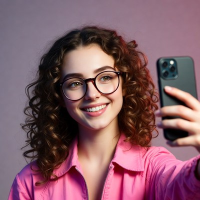 Smiling woman taking selfie with iPhone
