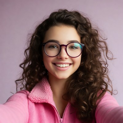Smiling woman with curly hair and glasses