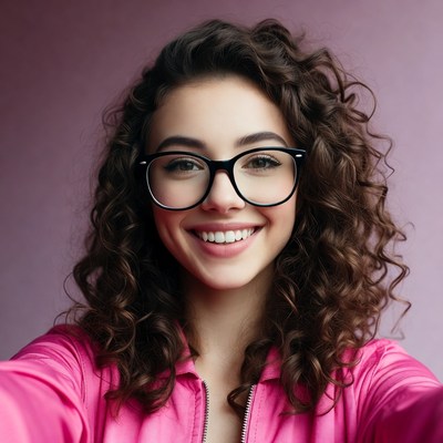 Smiling woman with curly hair and glasses