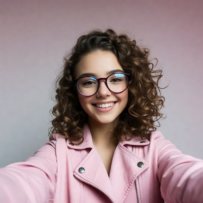 Smiling woman in pink jacket with glasses