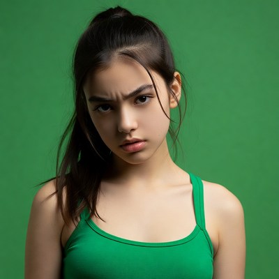 Asian girl pouting on green background
