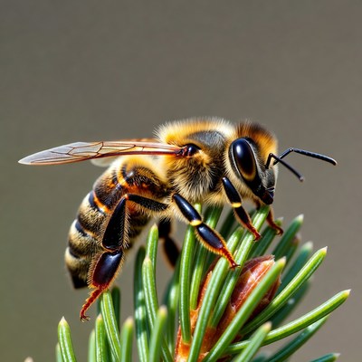 Honey Bee on Pine Needle