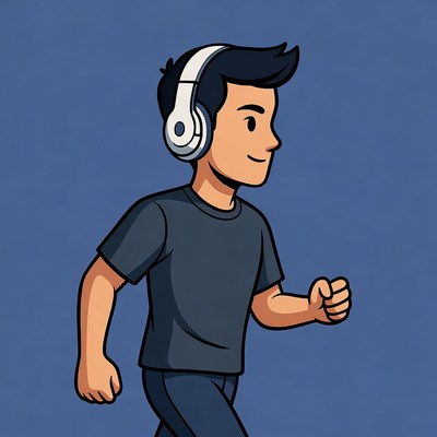 Cartoon Asian man running with headphones