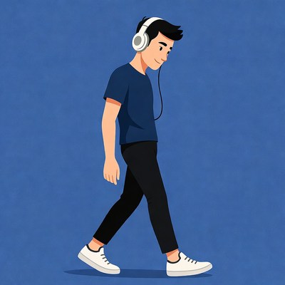 Asian man walking with headphones