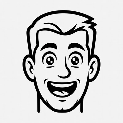 Cartoon man smiling with wide eyes