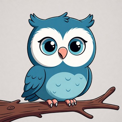 Cute blue cartoon owl on branch