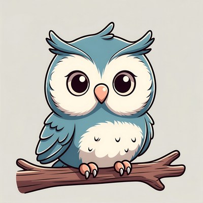 Cute blue cartoon owl on branch
